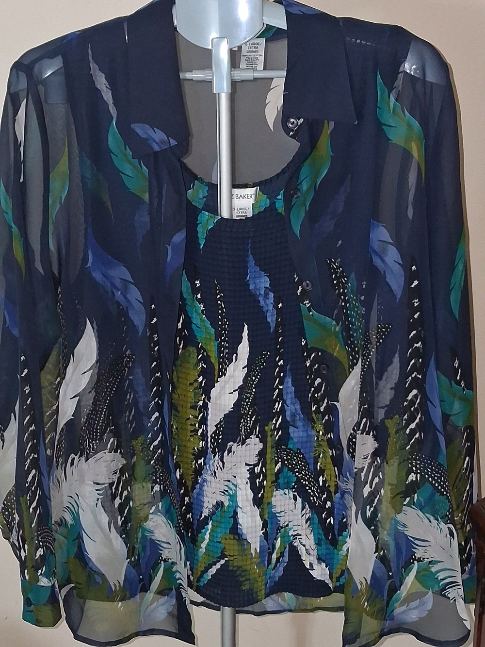 Vintage Liz Baker 2 Piece Navy Sheer Button-Front Blouse + Matching Tank